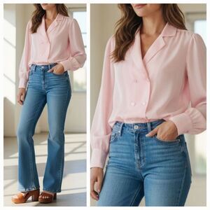 Vintage 70's Double Breasted Button Down Puff Sleeve Pale Pink Blouse Size Large